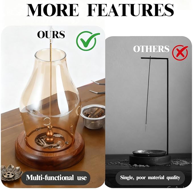 Glass Incense Holder for Sticks, Wooden Incense Stick Holder with Ash Catcher, Modern Insence-Stick Holder, Multi-Functional No Mess Incent Holder for Yoga Spa Meditation Home Zen Decor (Amber)