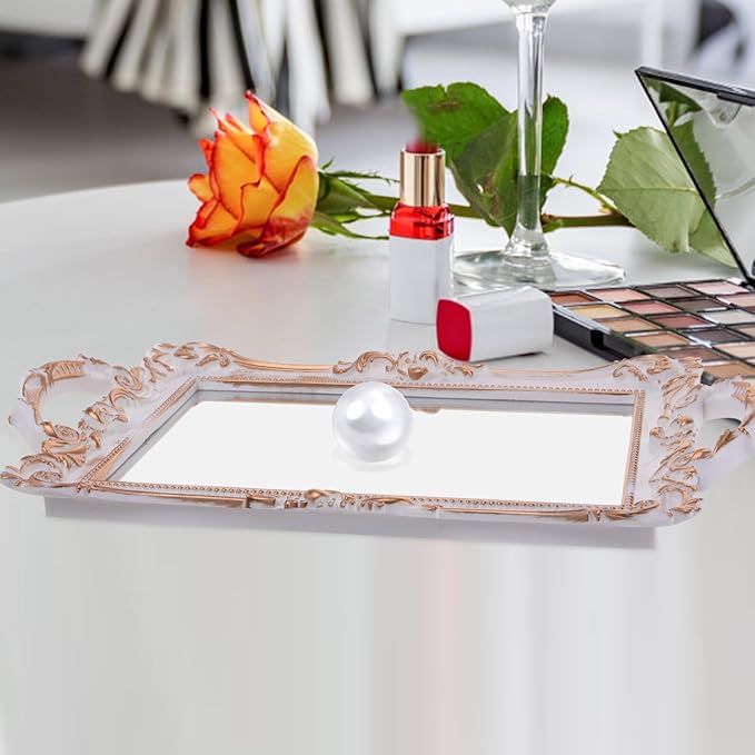 Uonlytech Vintage Gold Mirror Surface Decorative Tray Jewelry Holder Vanity Organizer for Makeup, Earrings, Ring Holder Dish for Home Décor and Wedding Accessories