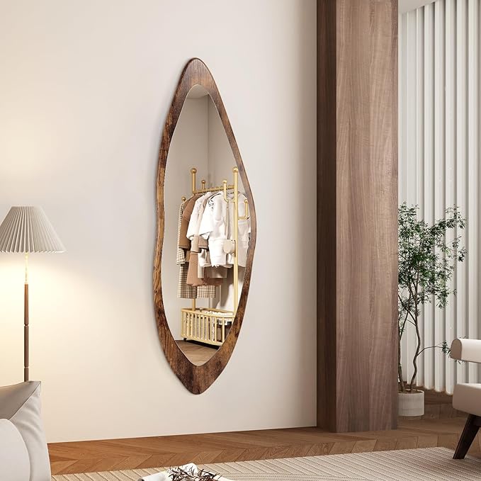 AAZZKANG Large Mirror with Wood Framed 47"x16" Retro Irregular Wall Mirrors Full Length Asymmetrical for Bedroom Living Room Entryway Dressing Room