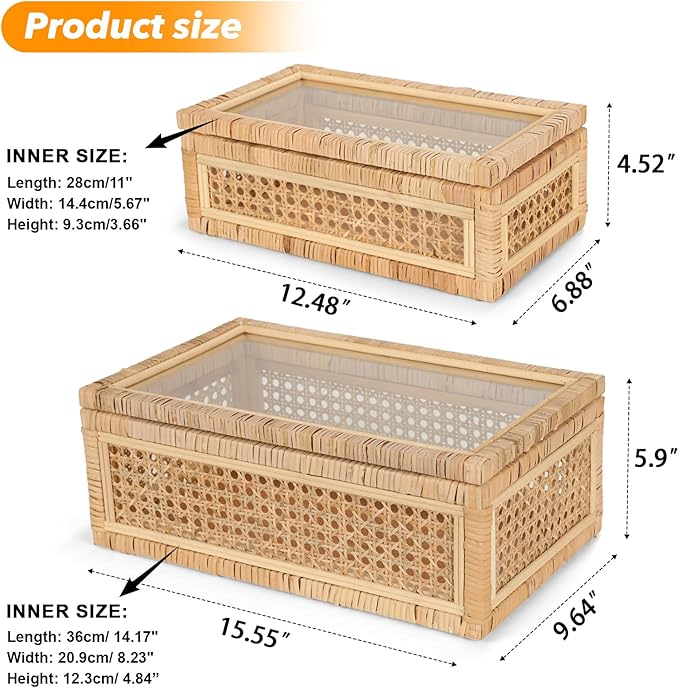 Large Handwoven Boho Rattan Display Boxes with Glass Lids - Set of 2 Rectangular Decorative Storage Bins - Natural Woven Cane Home Decor Organizers (15.55" x 9.64" x 5.9" & 12.48" x 6.88" x 4.52")