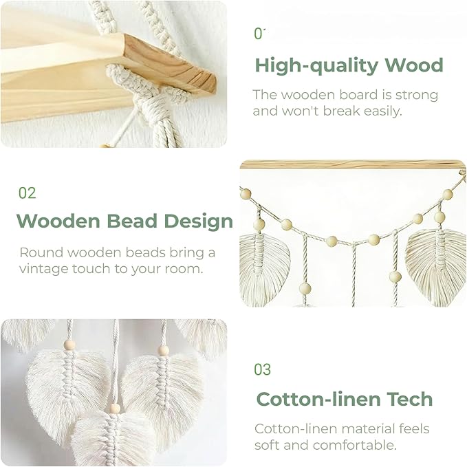 Wooden Floating Shelves for Room Wall, Hanging Storage Organizer, Boho Wall Decor, Plant Shelf for Bathroom, Bedroom, Office, Kitchen, Living Room, Dorm (White, 1 PCS)