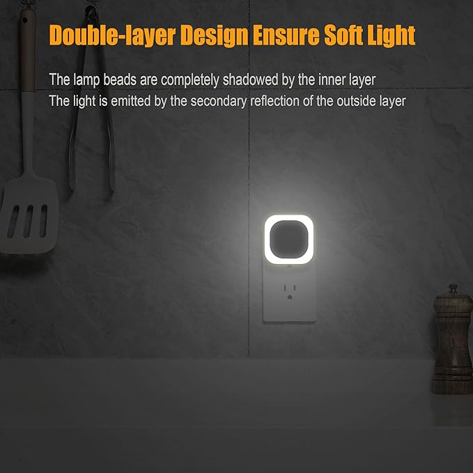 YUNLEX 2 Pack Daylight White Night Light, Gentle Eye-Care with Dimmable Wide-Glow & Indirect Reflection, Auto Dusk to Dawn Sensor, Plug in for Kitchen Counter, Garage Workshop, Laundry, Hallway