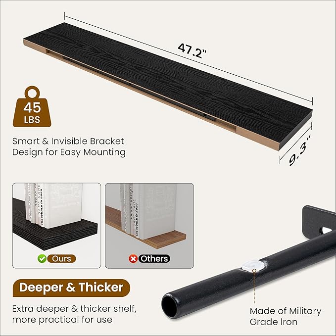 Fun Memories 48 Inch Black Floating Shelves, 9.3 Inch Deep Wall Shelves for Living Room|Bedroom|Kitchen, Rusitc Wall Mounted Bathroom Shelves 2 Pack, Heavy-Duty Deep Shelf for Books，Decor