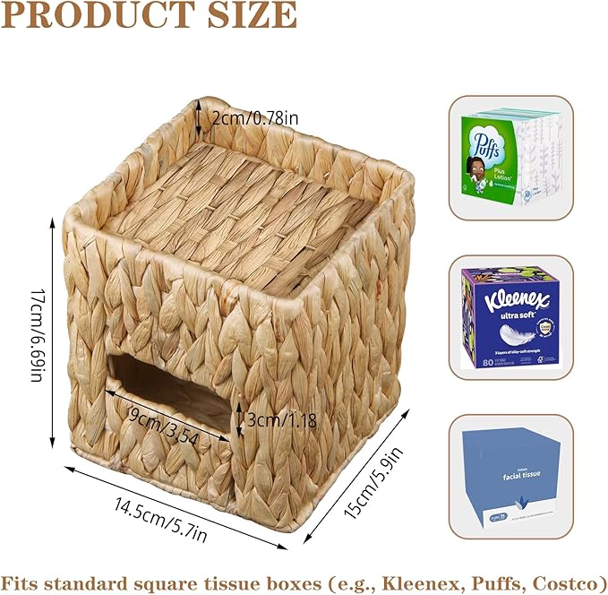 BIBELUN Woven Tissue Box Cover Square with Storage Tray, Water Hyacinth Tissues Cube Box Holder, Farmhouse Wicker Facial Tissue Dispenser Organizer for Bathroom, Countertop, Vanity, Nightstand, Decor