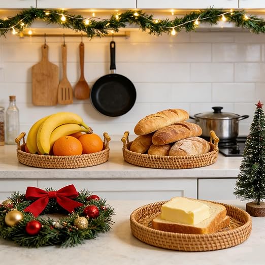 28cm/11.02in Oval Rattan Woven Tray Basket with Handles, Hand Woven Round Rattan Serving Decorative Wicker Trays for Table Decor (L)