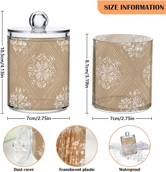 2 Pack Apothecary Jars Snowflake Pattern Design Brown Bathroom Vanity Storage Organizer Set,Small Clear Plastic Storage Jars Bathroom Canister for Cotton Swabs, Rounds, Balls, Qtips,Makeup Spon