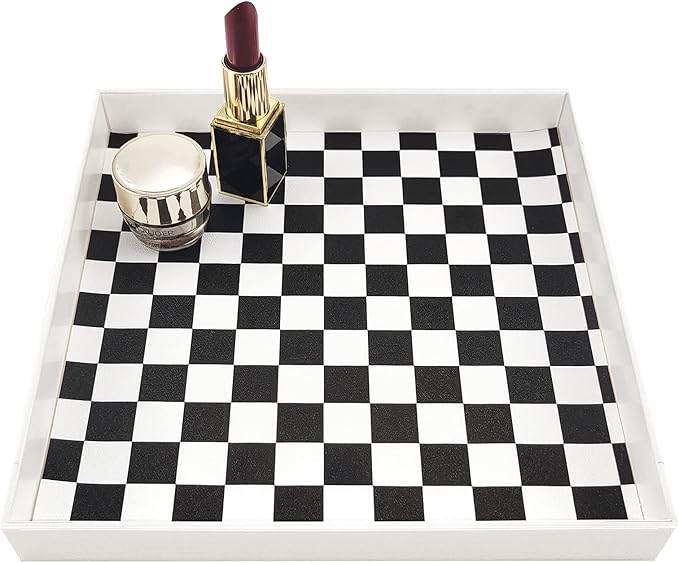 Ciandid Checkered Decorative Tray - Checkerboard Jewelry and Aromatherapy Reed Diffuser Vanity for Bathroom, White Dresser Organizer for Makeup and Perfume
