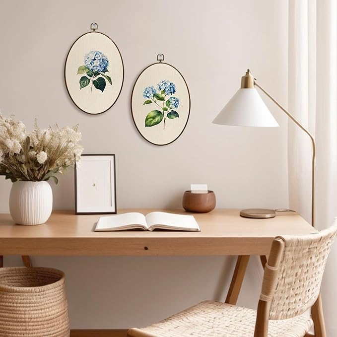 JQF Blue Hydrangea Floral Oval Wall Decor, Cottagecore Floral Botanical Oval Canvas Wall Art, Neutral Antique Flower Framed Prints Hanging Decor for Home Bedroom Living Room, 8.5x11.5 Inch Set of 2