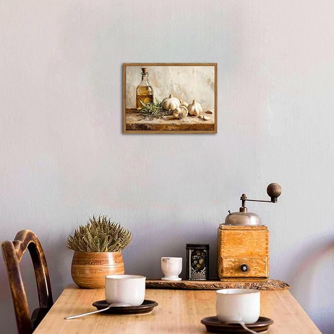 Framed Vintage Kitchen Canvas Wall Art, Rustic Garlic and Herbs Pictures Wall Decor, Neutral Still Life Paintings Prints Aesthetic Home Decor for Farmhouse Dining Room Living Room 16x24 inch