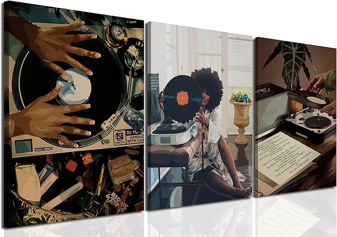 YFvrPt Black Girl Wall Art Decor Modern Black Woman Painting Prints, Set of 3 African American Music Record Player Poster Canvas Artwork for Bedroom Living Room 16x24 inch Framed