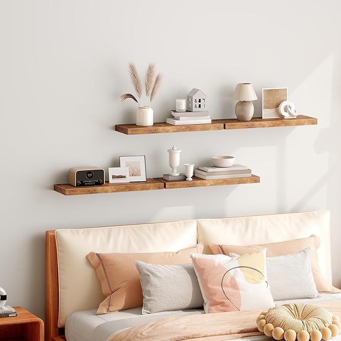RALGEND Floating Shelves for Wall, 23.6“ Long Wall Shelf Set of 4 with Invisible Brackets, 1.5" Thick Hanging Shelves Farmhouse Home Decor for Bathroom, Living Room, Bedroom, Rustic Brown 6301BJP4BF