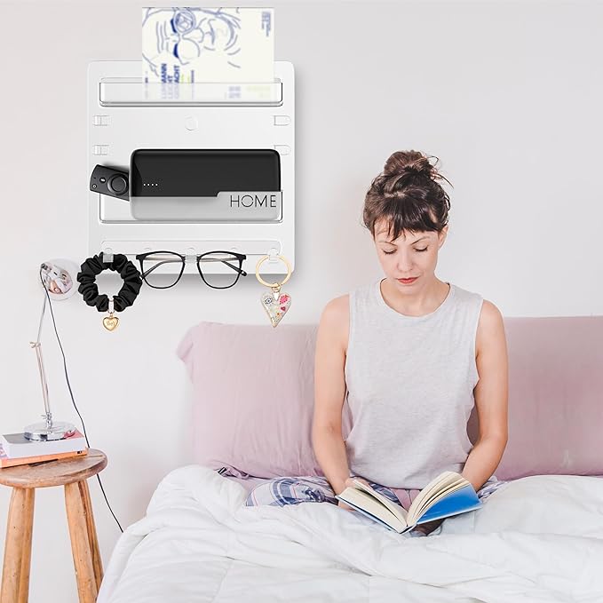 Bedside Wall Mount Organizer,Bedside Wall Shelf Accessories Floating Shelves Stick On for Bedroom Storage Organization,Aesthetic Room Dorm Decor for Girls,Cute Stuff for Teens,5 Hooks-Clear