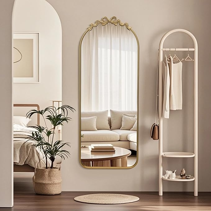 Besdomus Arched Mirror Full Length: 21"x56" Bow Gold Arch Floor Mirror - Antique Baroque Traditional Ornate Standing Mirror for Entryway/Cloakroom/Bedroom - Home Decor for Fashion-Conscious