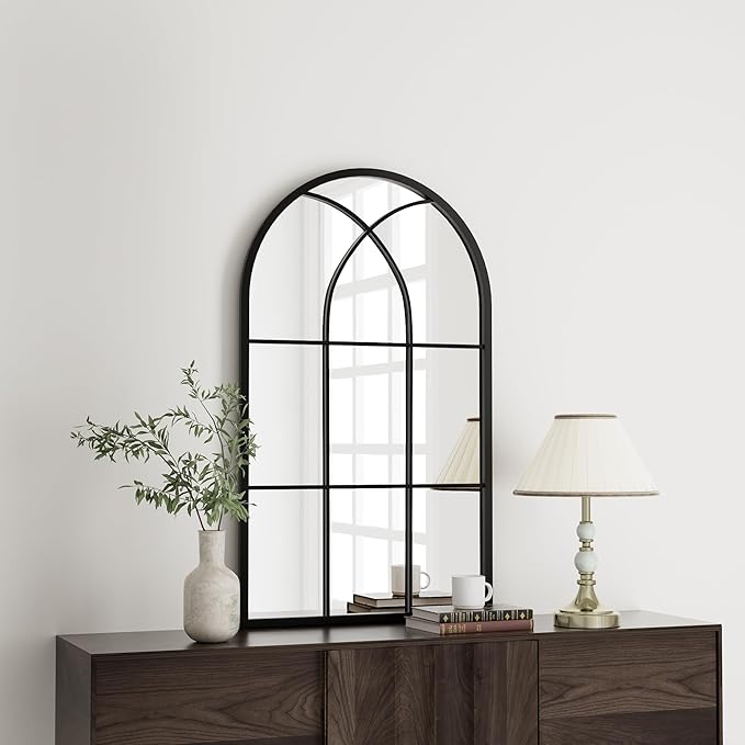 Rowjut Arched Wall Mirror 38" x 24" Window & Wall Decorative Mirrors, Iron Framed Window Pane Mirror, Arched Top Wall Mirror for Entryway Living Room, Bedroom, Fireplace (Black)