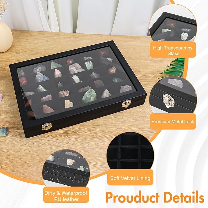 Rock Collections Box for Kids - PU Leather Rock Display Case with 36 Grid - Storage & Display Shelf for Collectibles