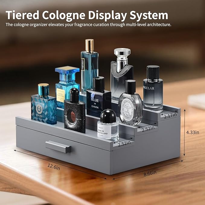 Perfume Organizer for Men, 3 Tier Wood Perfume Display Stand with Velvet Lining Drawer and Hidden Compartment for Watch,Jewelry,Perfume Display Risers,A Gift for Men (Gray)