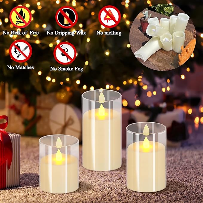 wemarry Flameless Candles 4" 5" 6" Acrylic Glass Pillars 3" Diameter Battery Operated Flickering Candles Include 8-Key Remote with Timer Function 400+ Hours (Pure White, Warm Light 6 Pack)