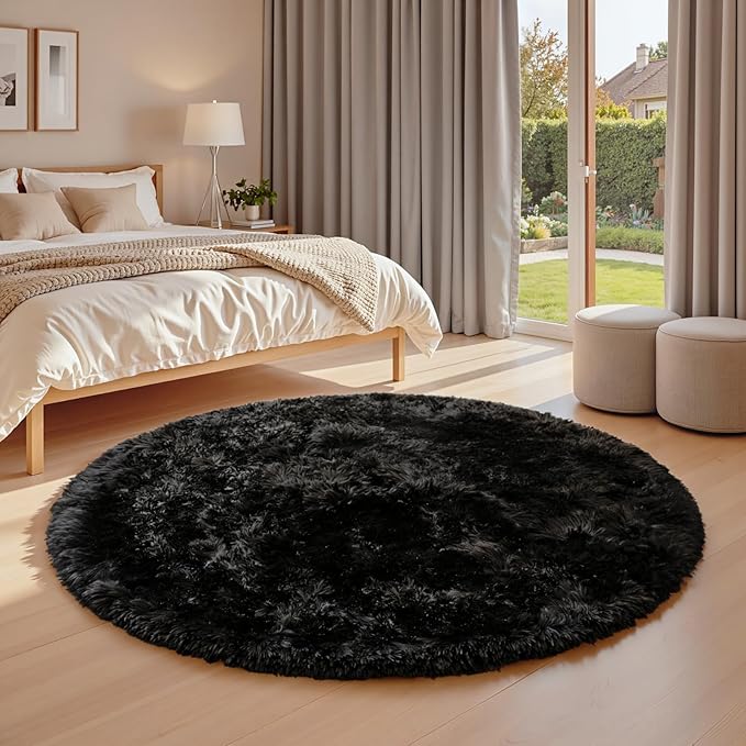 Black Round Fluffy Rug 6ft Plush Fuzzy Shaggy Carpet,Soft Rugs for Living Room for Nursery,Preppy Dorm,Classroom,Playroom,Teen,Baby Home Decor (Black 6"x6")