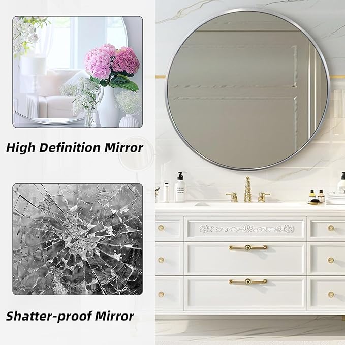 Silver Round Mirror, 24 Inch Silver Circle Mirror, Metal Frame Round Wall Mounted Mirrors for Bathroom, Living Room, Bedroom, Entryway, Vanity, Chrome, Nickel