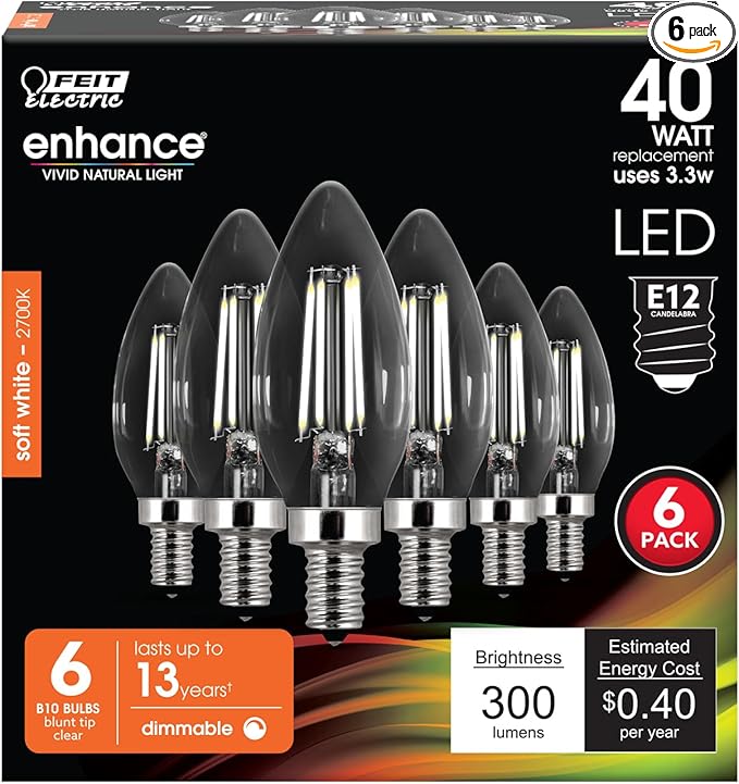 Feit Electric 40W Equivalent Candelabra LED Light Bulb, Dimmable, E12 Base, 2700K Soft White, B10 Filament Torpedo Tip Decorative Lighting Bulbs, 13-Year Lifetime, CTC40/927CA/FIL/6, 6-Pack
