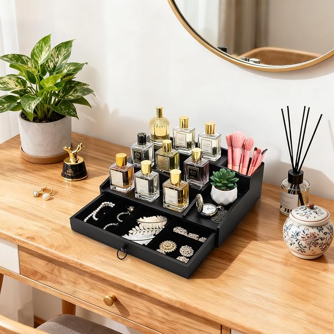 Foraineam Perfume Organizer, 3 Tier Wood Perfume Display Stand for Dresser, Black Wooden Fragrance Holder Shelf Display Risers with Felt Lining Drawer and Hidden Compartment