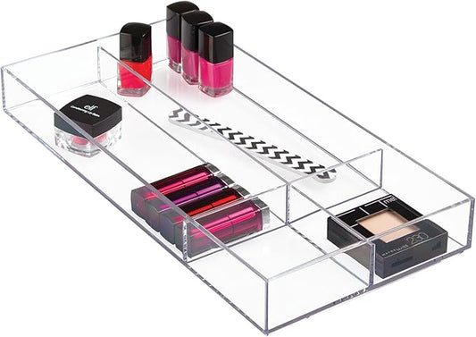 iDesign Clarity Plastic Divided Drawer Organizer, Storage Container for Vanity, Bathroom, Kitchen Drawers, 8" x 16" x 2", Clear,40850