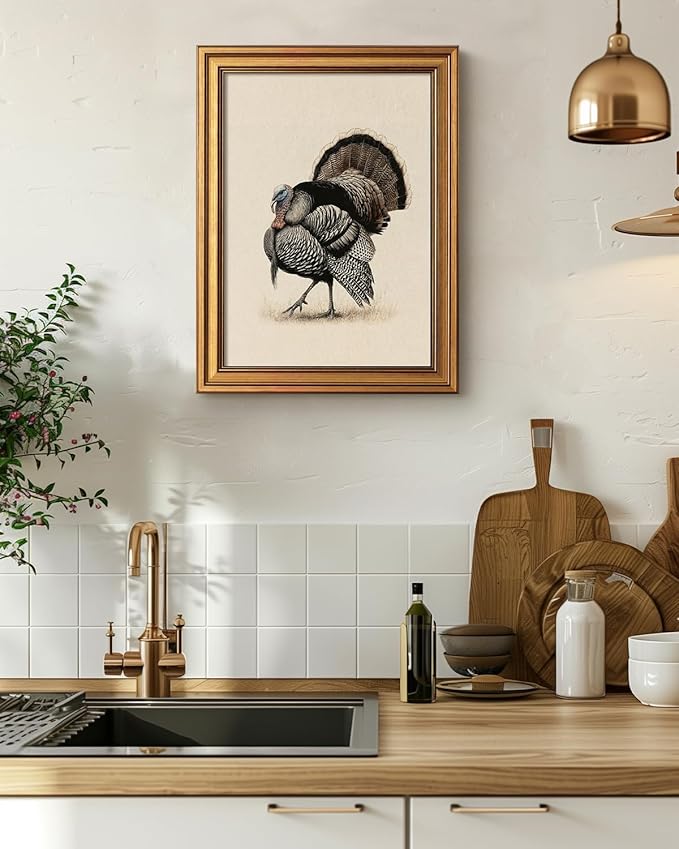 Bzstyleart Vintage Wall Art Decor for Living Room, Sketch Turkey Thankgiving Wall Art, Canvas Picture Bedroom Decor Aesthetic, Rustic Autumn Harvest Bird Artwork, Thanksgiving Holiday 12 x 16 Inch