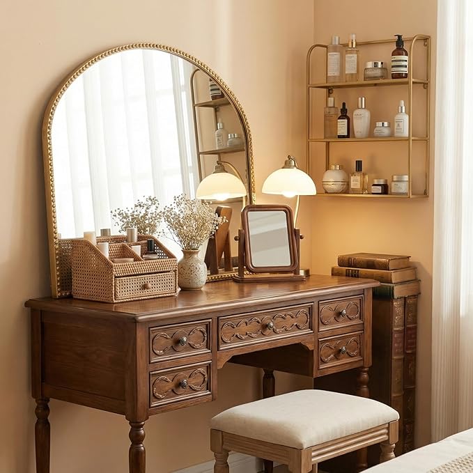 Arched Gold Decorative Wall Mirror 28"x35" Vintage Beaded Frame for Bathroom, Bedroom & Living Room