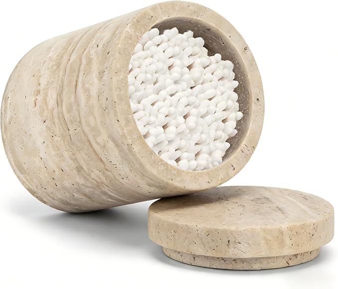 Natural Marble Storage Round Containers Cotton Swab Holder, Organizers with Lids,Travertine Stone Box for Qtips, Makeup, Bathroom Essentials & Home Storage (round box)