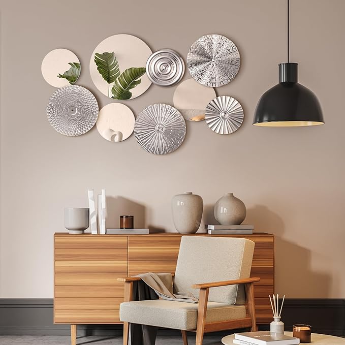 Blulu 9 Pcs Silver Mirror Wall Decor Metal Round Home Art Decor Decorative Modern Circle Mirror Wall Art Sculpture Hanging Decorations for Home Living Room Office