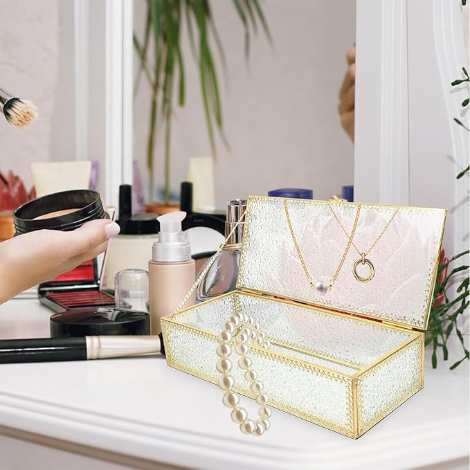 Rectangular Diamond Pattern Glass Jewelry Box with Frame Transparent Necklace Storage Holder Decorative Makeup Organizer for Anniversary Wedding and Valentine's Day