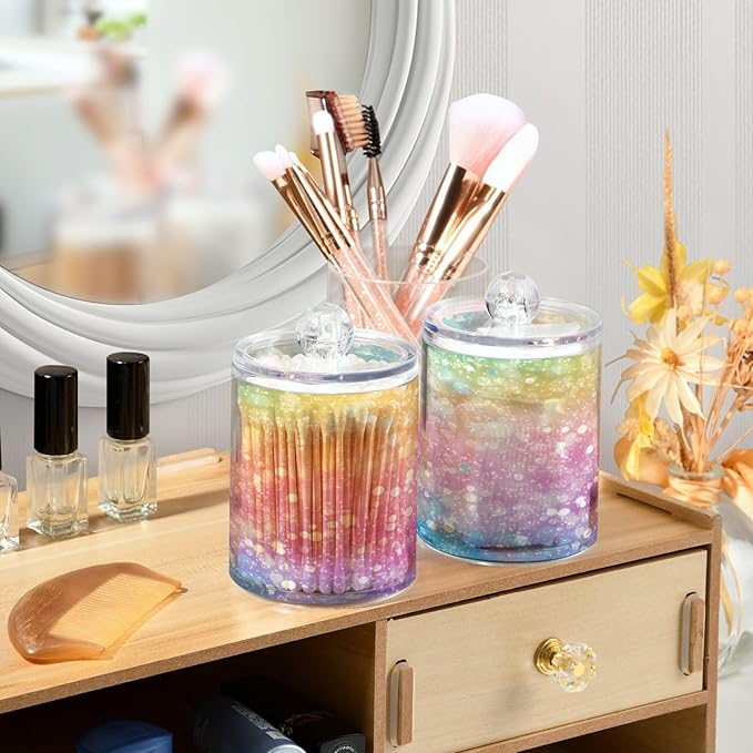 Nander 2Pack Sparkling Rainbow Background Qtip Holder Dispenser -Clear Plastic Apothecary Jars Set - Restroom Bathroom Makeup Organizers Containers for Cotton Swab, Ball, Pads, Floss
