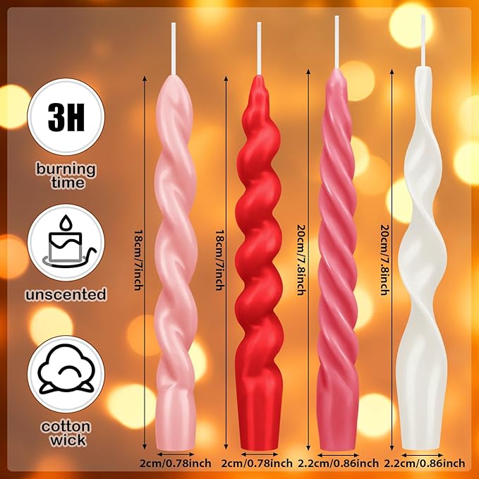 Nuanchu 4 Pcs Twisted Taper Candles Wax Unscented Smokeless Spiral Swirl Candlesticks for Wedding Holiday Dinner Party Home Decorations(7.87 Inch,Pure,Valentines Color)
