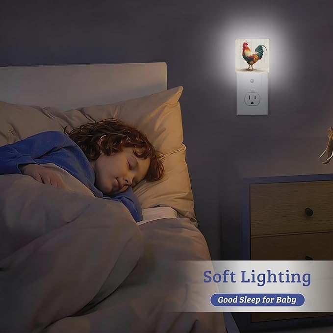 Charming Rooster Night Light, Plug-into Wall Nightlight with Dusk to Dawn Sensor, Energy Efficient Lamp for Bedroom/Bathroom/Kitchen/Hallway/Stairs