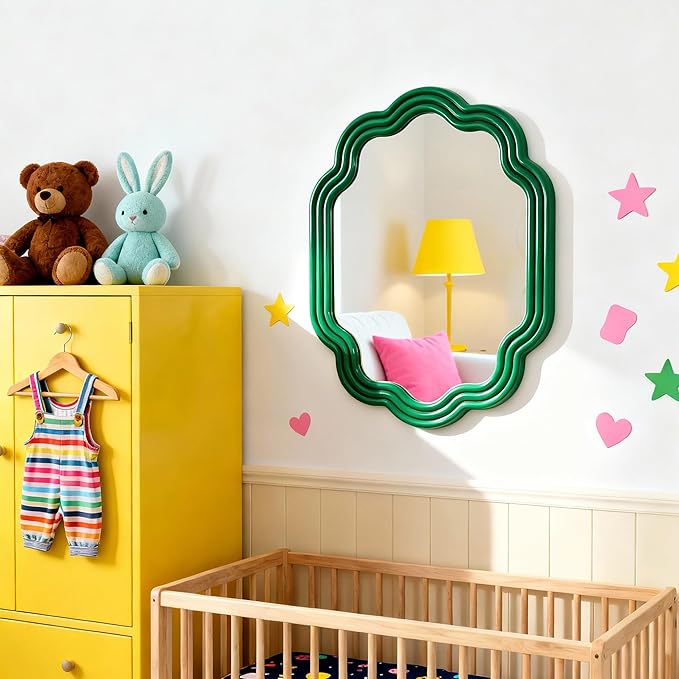 Green Wavy Oval Mirror 16x20 Scalloped Wall Mounted Unique Wooden Frame Modern Mirror for Bedroom Living Room Entryway Hallway