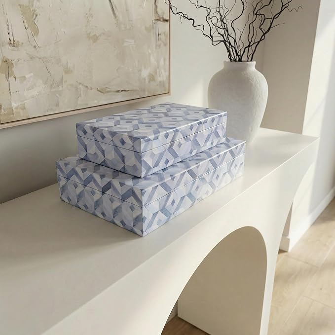 ZICOTO Decorative Storage Boxes with Lids - Set of 2 Beautiful Organizer Bins for Your Bookshelf Home Decor - Safely Store Photos, Documents and Memory Box Keepsakes on Your Shelves in Style