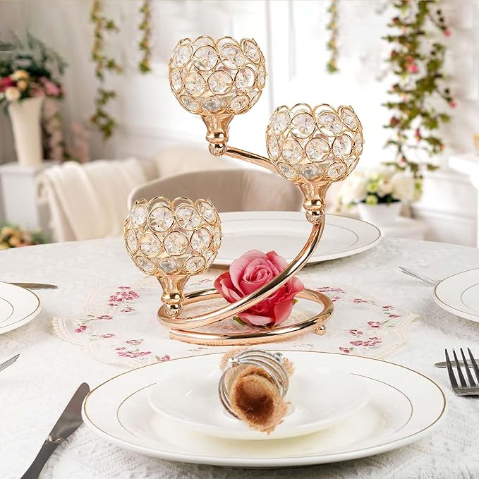 Metal Crystal Candle Holder Set of 3 - Elegant 5-Arm Metal Tea Light Centerpiece with Shining Crystal Bowl, Wedding Anniversary Table Decor for Dining, Party (Gold, 2 Pcs 3 Arm)