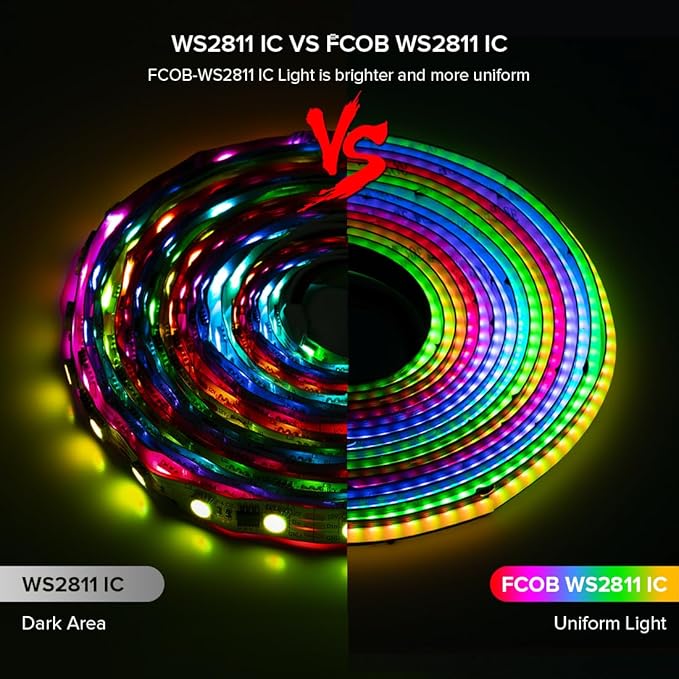 BTF-LIGHTING FCOB WS2811 IC RGB COB LED Strip 16.4FT DC12V 630LED/m Flexible High Density Uniform Chasing Color Light 14IC/m 10mm Width Black PCB for Home Indoor Decor(No Adapter or Controller)