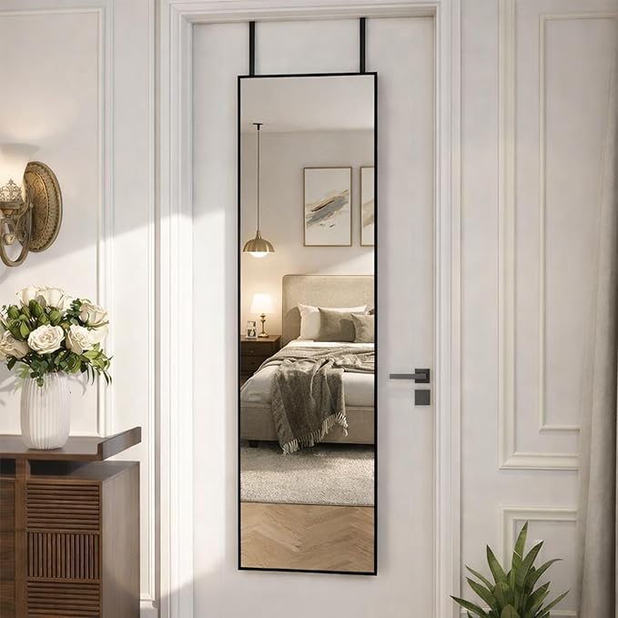 Simple Deluxe 47x14 Full Length Mirror Over The Door, Wall Mounted Full Body Mirror, Minimalist Black Aluminum Frame, HD Tempered Glass, for Bedroom, Living Room, Entryway, Black Rectangle