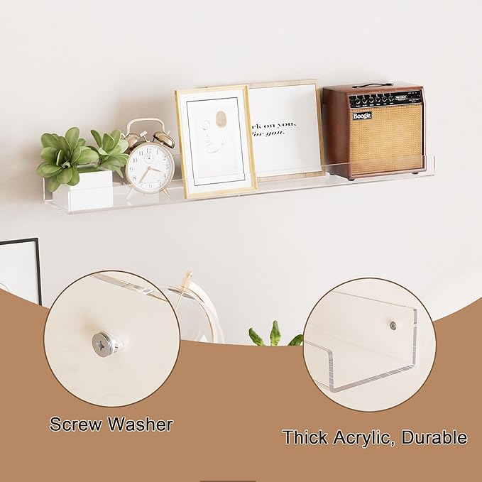 24'' Clear Acrylic Wall Long Shelf 2 Pack, Acrylic Floating Book Shelves, Wall Mounting Invisible Ledge Book Shelf