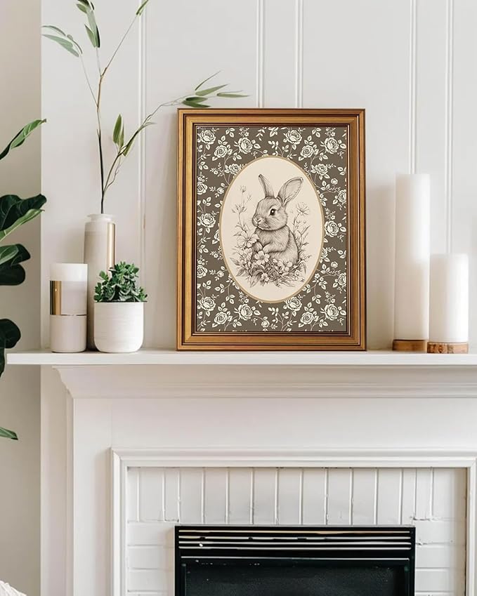 InSimSea Gold Framed Canvas Prints Wall Art, Vintage Nursery Decor, Vintage Rabbit Bunny Sketch Paintings Farmhouse Wall Decor Aesthetic, Neutral Pictures for Bedroom Living Room Shelf, 12x16inch