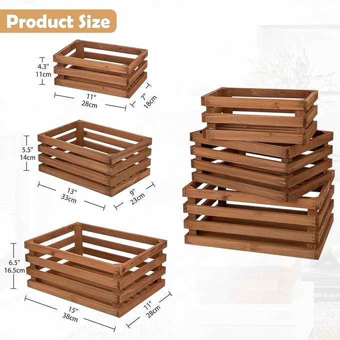 Set of 3 Nesting Wooden Storage Crates - Large Rustic Wooden Storage Crates for Display Brown Wood Container Boxes Wood Baskets for Farmhouse Flower Stand Display Rack for Shops Exhibitions Home Decor