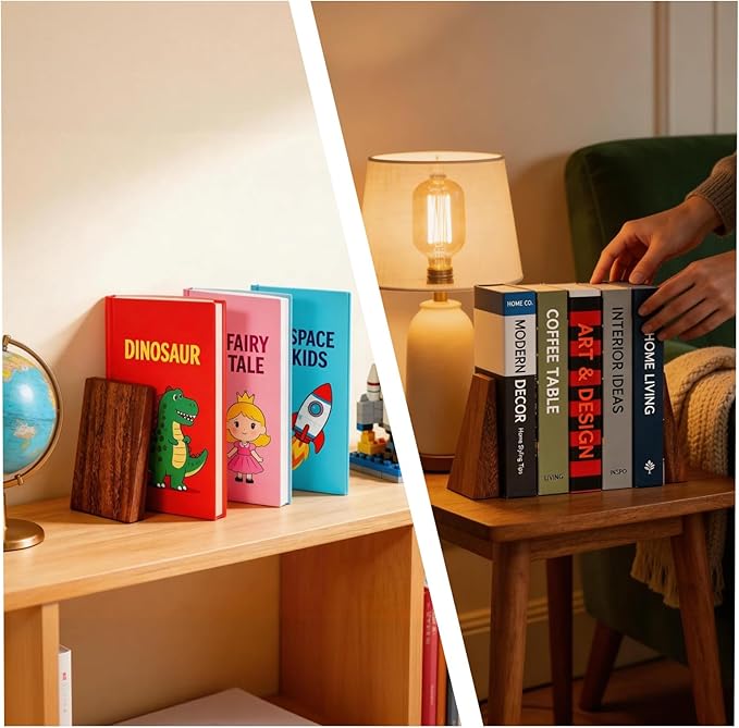 Natural Walnut Wood Bookends for Shelves – Heavy Duty Book Organizer