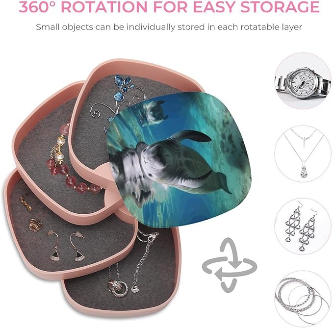 Ocean Animal Manatee Jewelry Box 360°Rotating Storage Boxes Small Travel Earring Organizer with 4-Layers Rotatable Jewelry Storage Organizer for Ring Necklaces Makeup