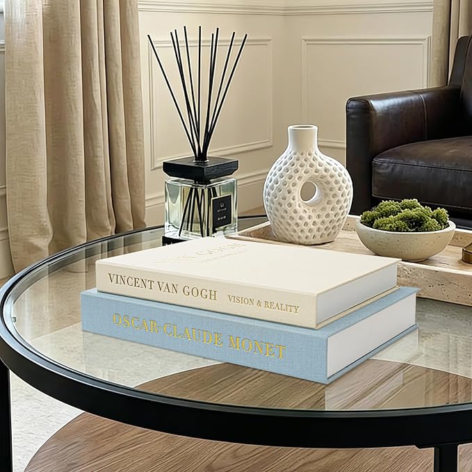 Aesthetic Decorative Books - Fake Books Storage Box for Decoration - Set of 2 Linen Coffee Table Decor - Photo Storage Keepsake Box for Room Bookshelf Decor, Blue