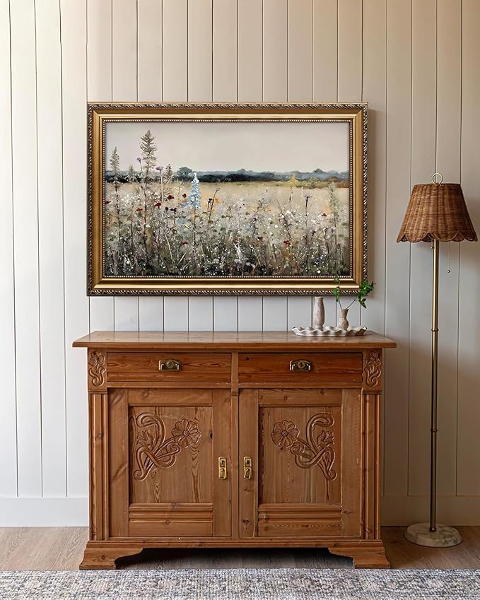 KBKBART Vintage Framed Wall Art for Living Room, French Wildflowers Field Posters Farmhouse Decor, Neutral Country Meadow Landscape Wall Art for Room Decor Aesthetic, Gold Framed Vintage Oil Painting Canvas Artwork Botanical Art Print, 16''x24'