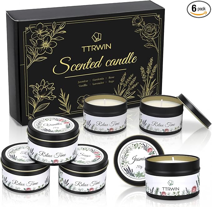 TTRWIN Relaxing Scented Candles Gift Set - 6 Natural Soy Wax Candles for Cosy Home, Aromatherapy Soy Candles in Jars, Stress Relief and Gifts, Christmas, Birthday, Spa Scents for Women, Men