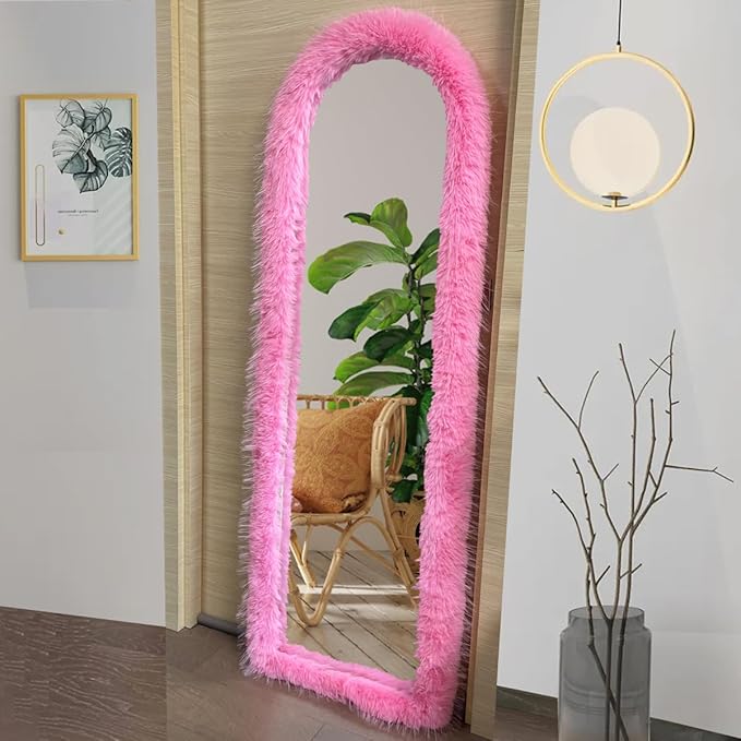 Fluffy Mirror Cover - 59"x16" Full Length Stretch Universal Ultra Soft Non-Slip Cover Warm Home Decor for Bedroom Cloakroom (Light Pink-Without Mirror, Suitable for 59"×16")