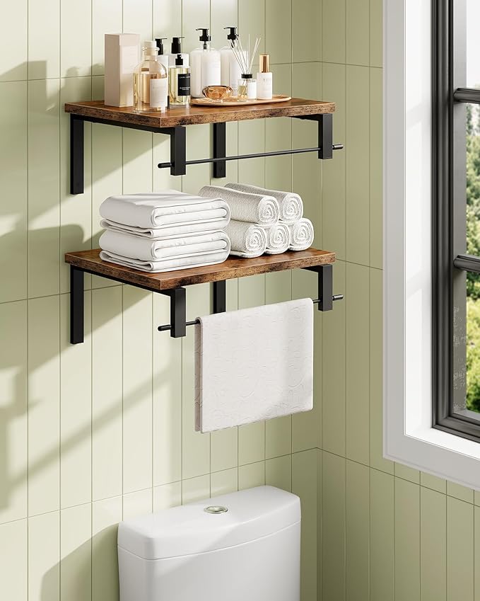 CHOEZON Deep Floating Shelves for Wall, 12 inch Wall Mounted Shelves Set of 2, Wide Floating Shelves for Living Room, Bedroom, Study, Bathroom, Rustic Brown and Black TBJ02P2BF