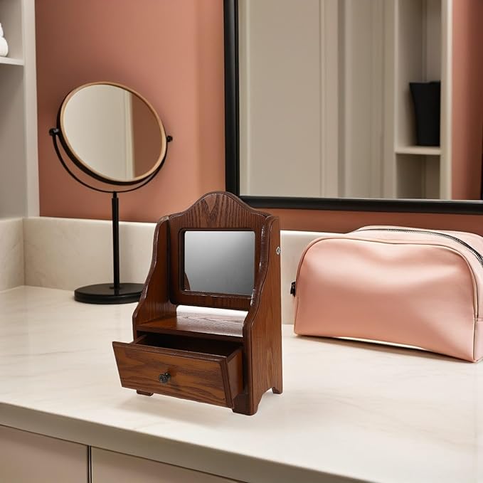 PartyKindom Wood Frame Desktop Makeup Mirror with Drawer, Square Vintage French Style Dressing Table Mirror for Bedroom Vanity, Portable Wooden Cosmetic Organizer for Women